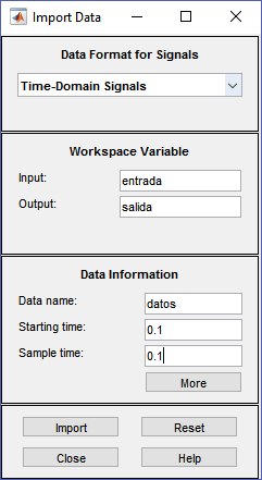 Ventana de importación de los datos para la aplicación system identification ventana del import data