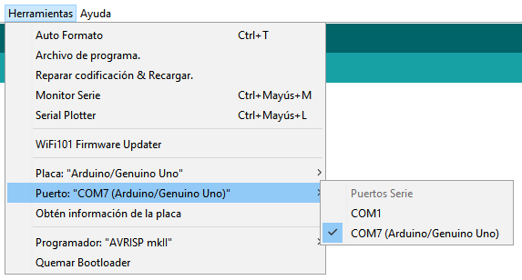Verificación del puerto utilizando el Arduino IDE selección del puerto